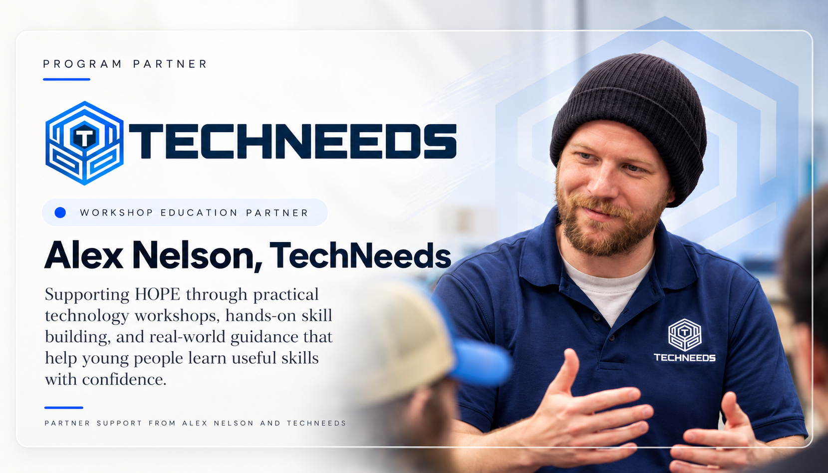 TechNeeds program partner card featuring Alex Nelson