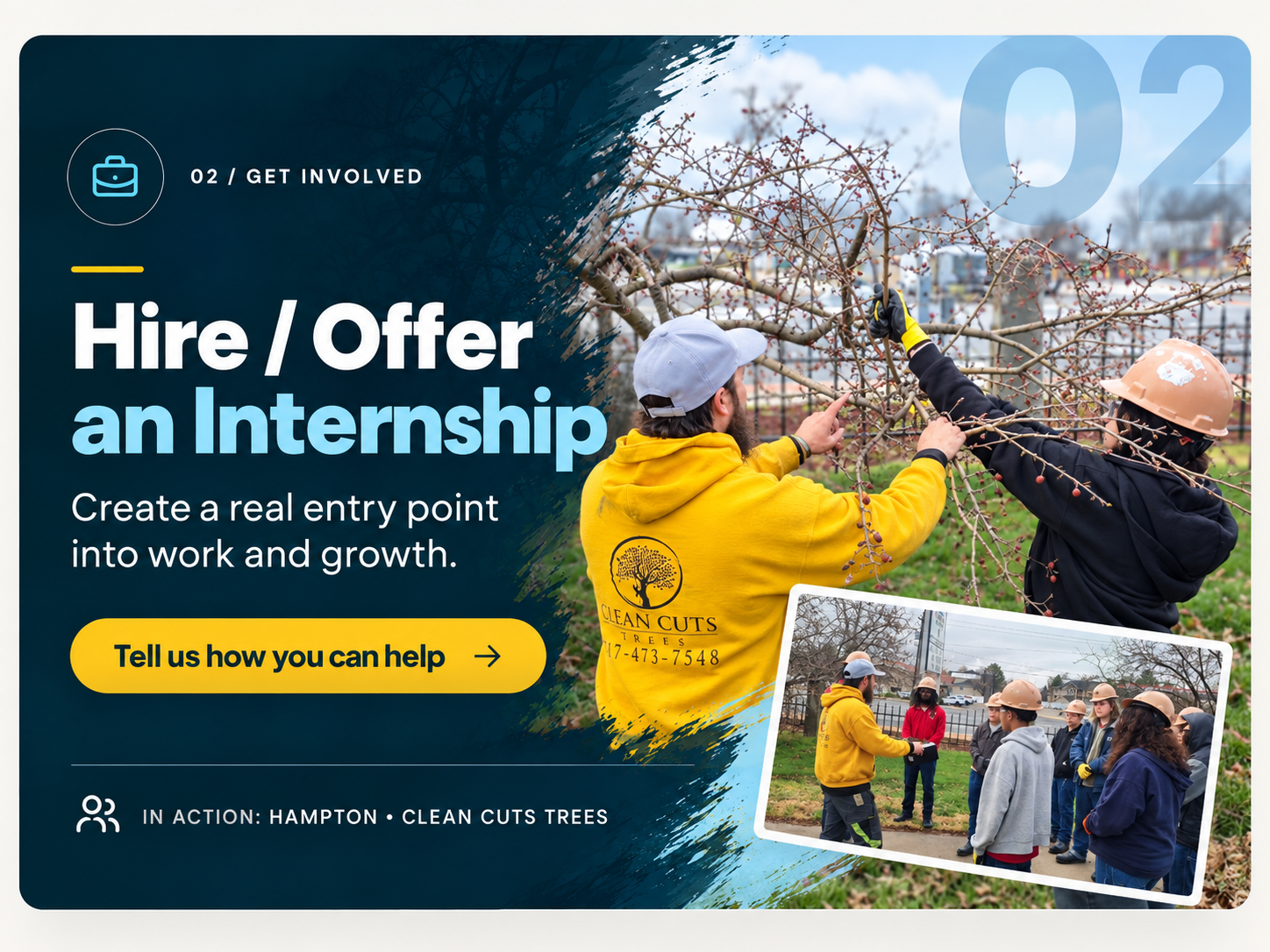 Hire / Offer an Internship card: Hampton of Clean Cuts Trees guiding a young person in a hard hat during tree work, with a call to tell HOPE how you can help