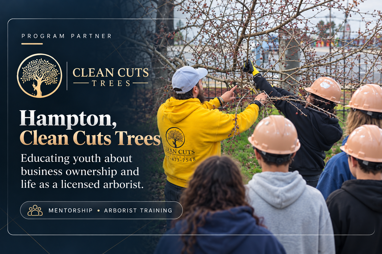 Clean Cuts Trees program partner card featuring Hampton in a yellow Clean Cuts Trees hoodie teaching young people in hard hats during tree work