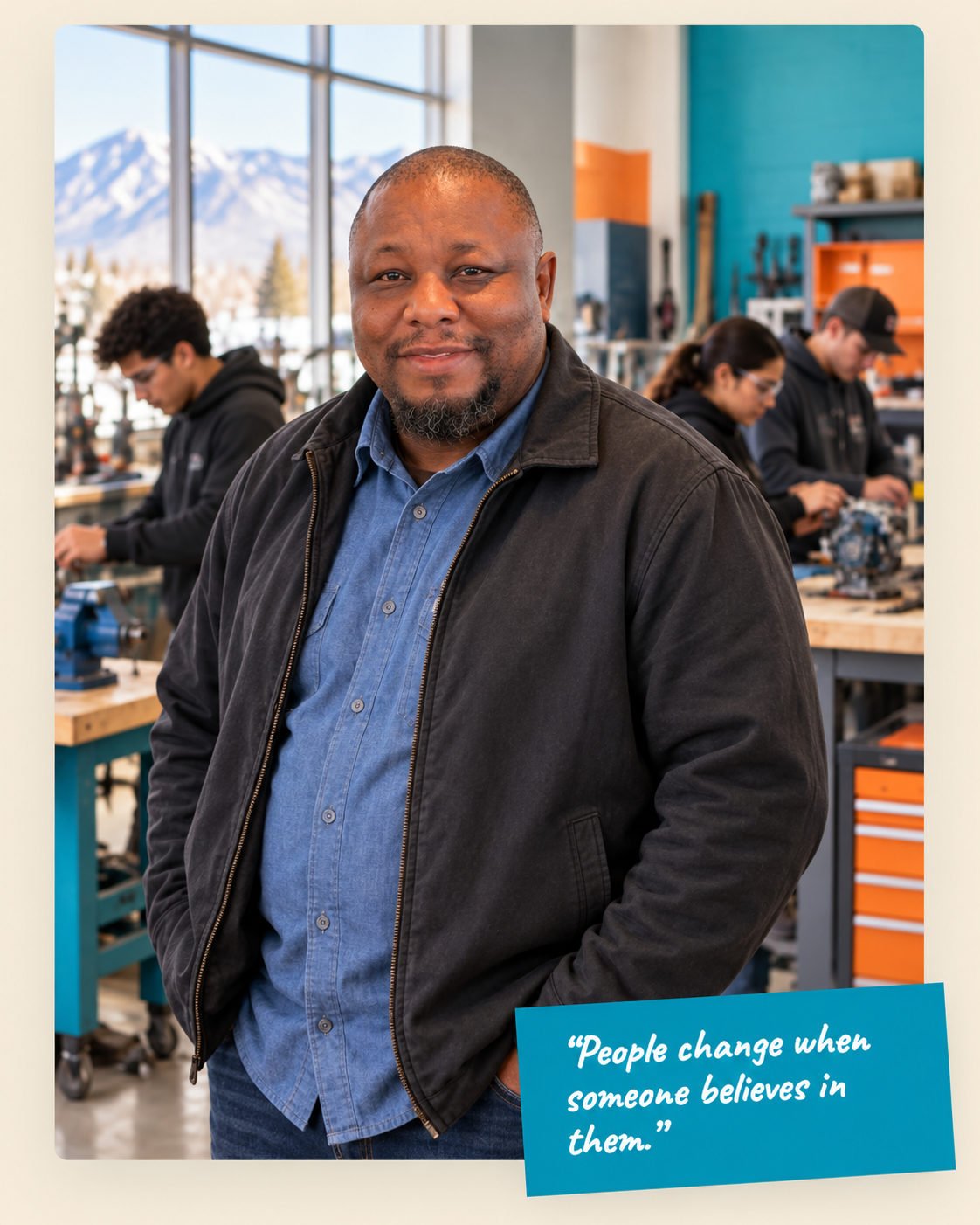 Founder Lamont Hampton with young people learning practical skills in a Northern Utah workshop