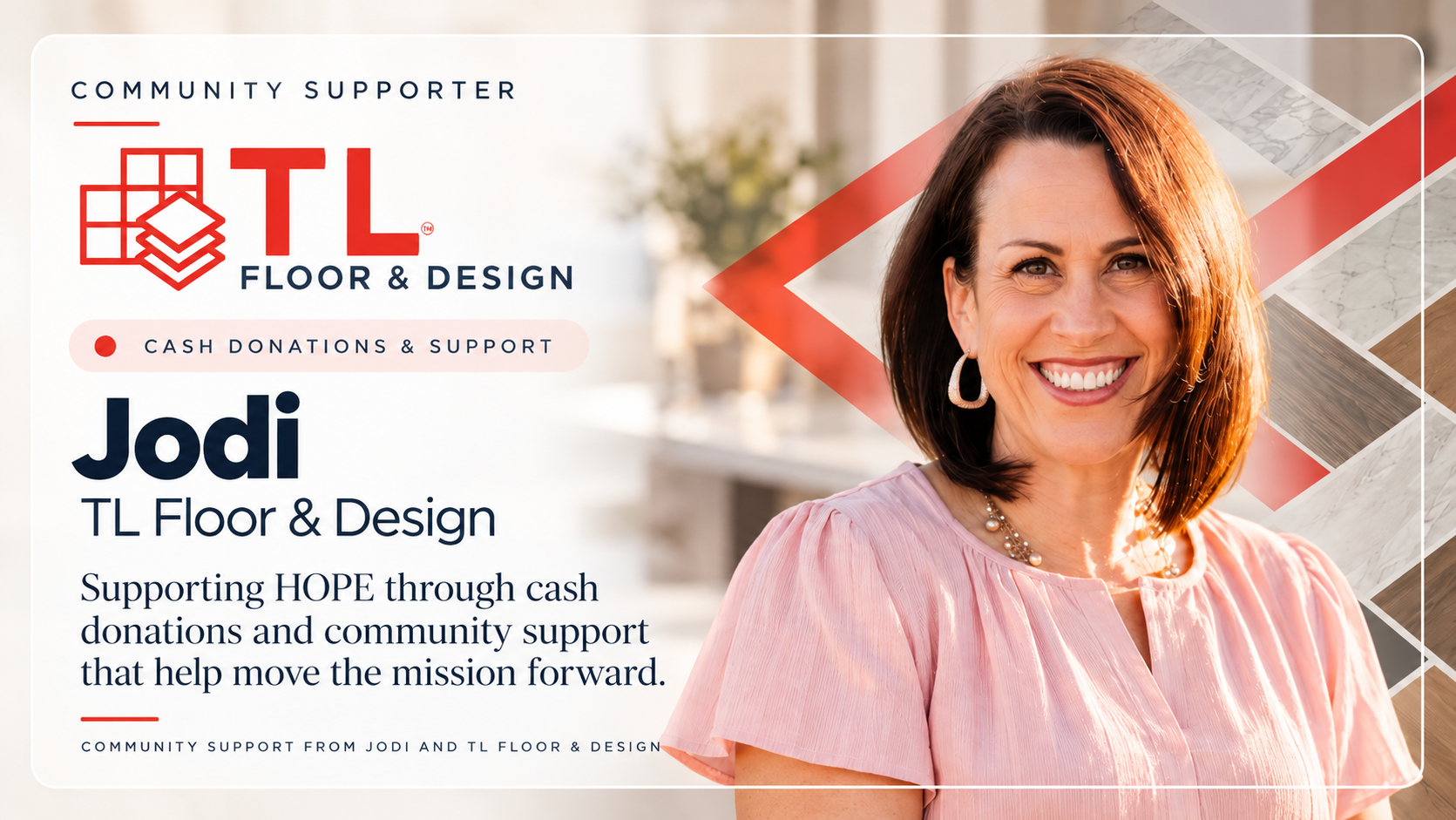 Community supporter card for Jodi of TL Floor and Design, with the TL Floor and Design logo