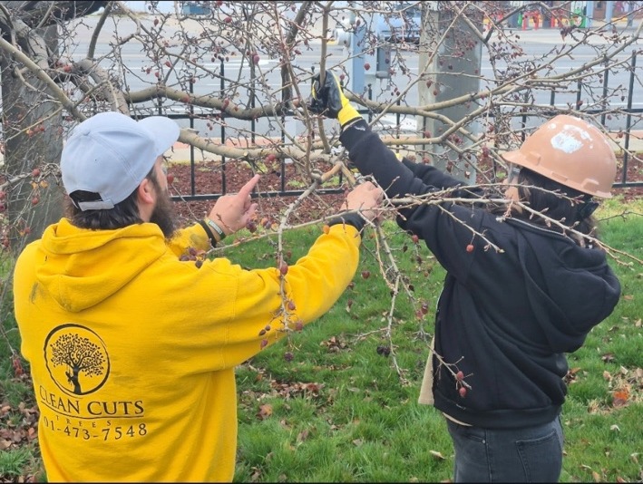 Hampton in a yellow Clean Cuts Trees hoodie guiding a young person in a hard hat as they work at a tree