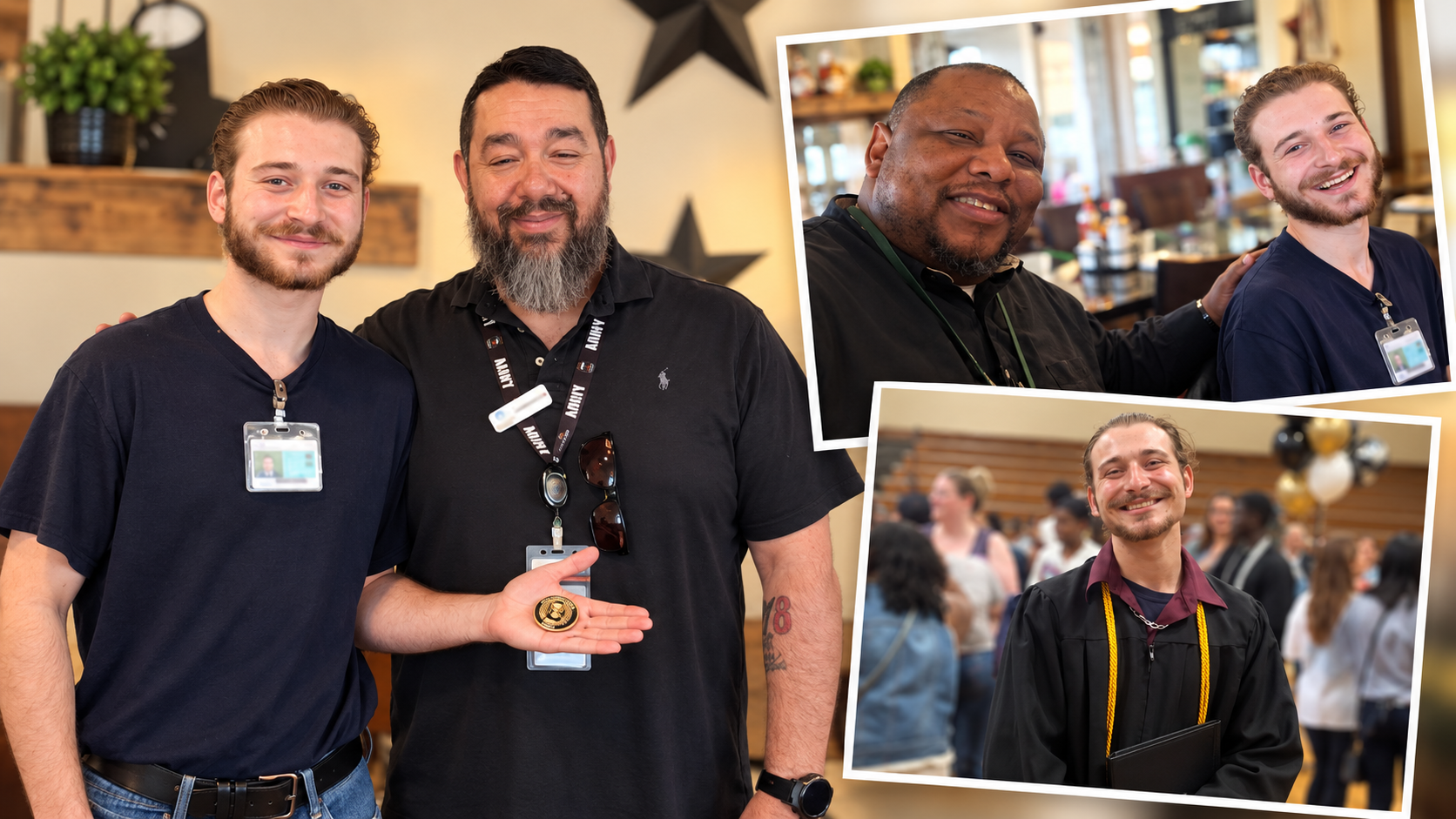Photo collage of Seth with Lawrence Lopez holding the challenge coin, Seth with HOPE founder Lamont Hampton, and Seth at his September 2026 graduation