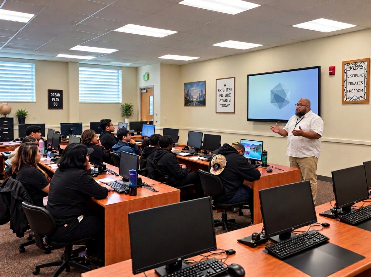Representative scene of a mentor leading a discussion with a group of young people in a computer classroom