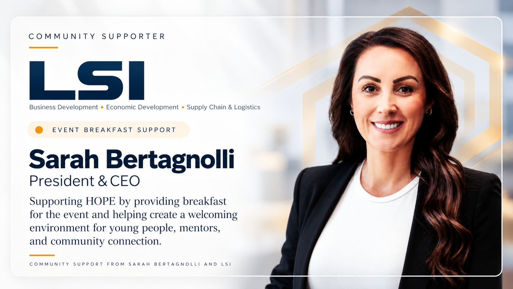 Community supporter card for Sarah Bertagnolli, President and CEO of LSI