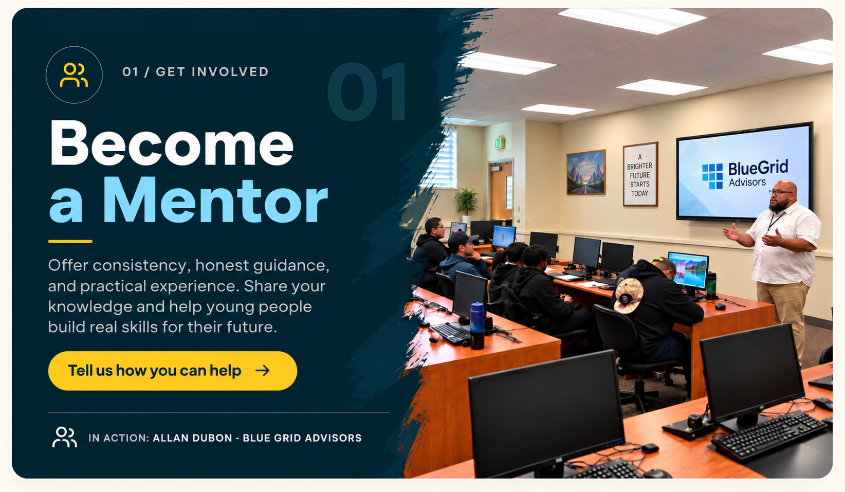 Become a Mentor card: Allan Dubon of BlueGrid Advisors teaching young people in a computer classroom, with a call to tell HOPE how you can help