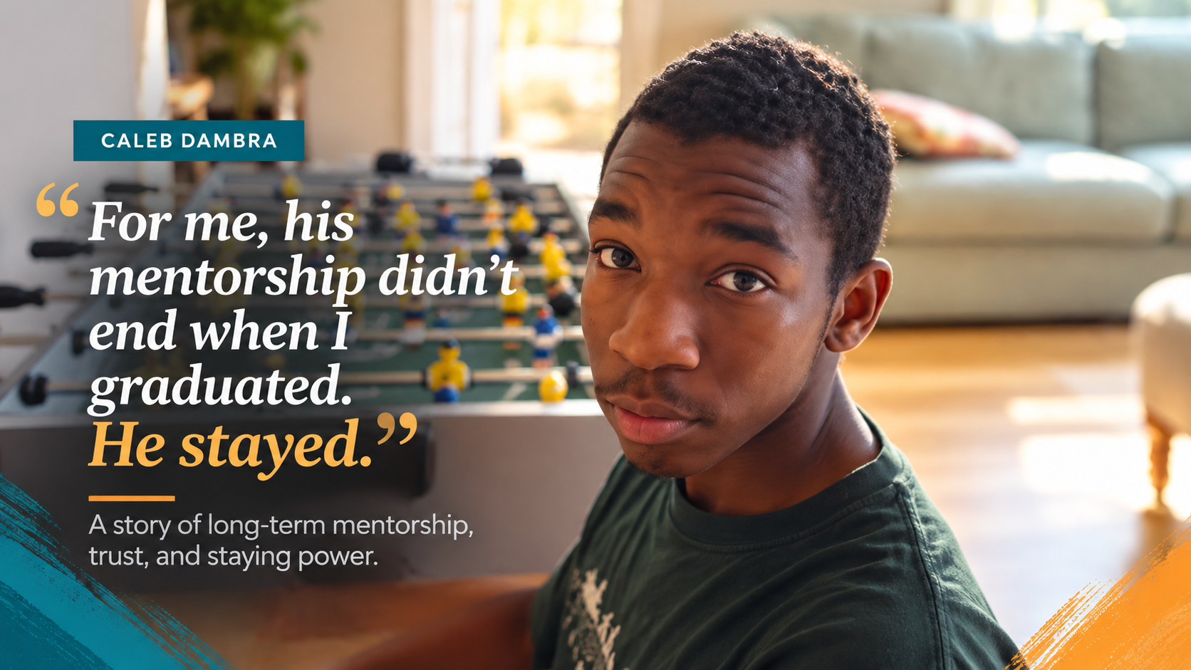 Story graphic featuring Caleb Dambra's quote about mentorship continuing after graduation