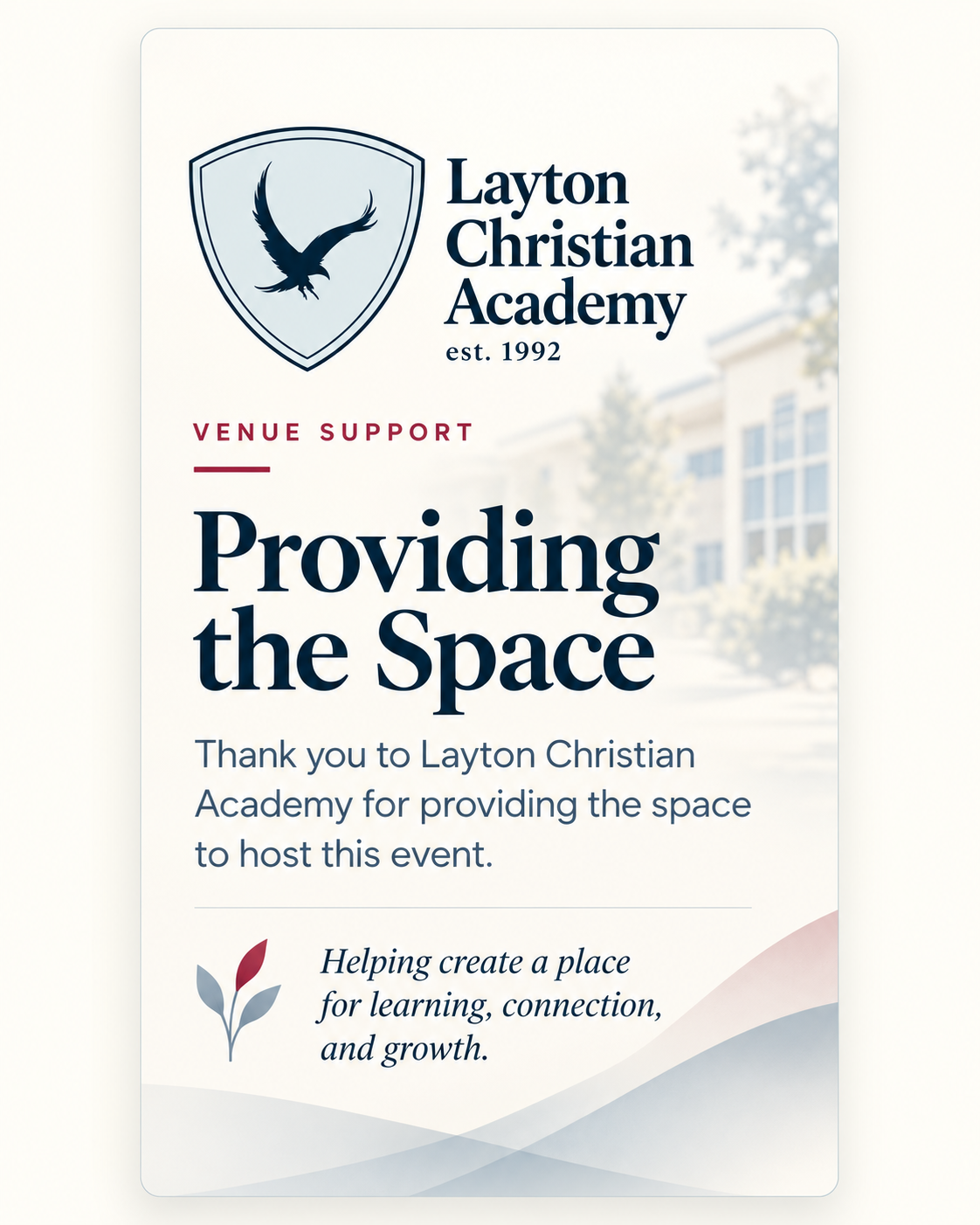 Layton Christian Academy venue support card thanking the academy for providing the space to host Financial Literacy Day