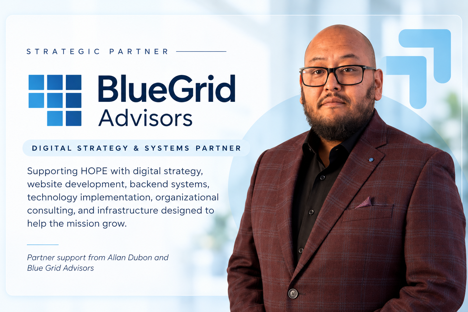 BlueGrid Advisors strategic partner card featuring Allan Dubon