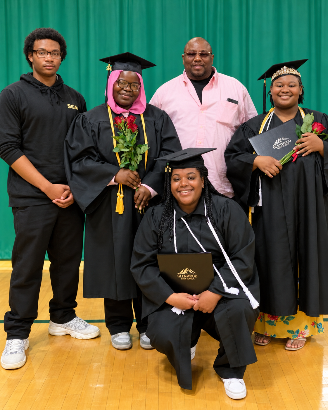 Lamont Hampton with a group of graduates and a friend at a graduation ceremony