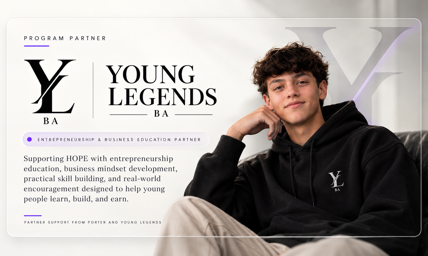 Young Legends BA program partner card featuring Porter Dubon