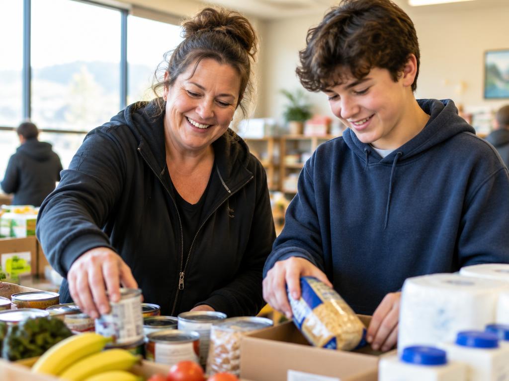 Volunteer and young person sorting groceries together at a community pantry, representative photo