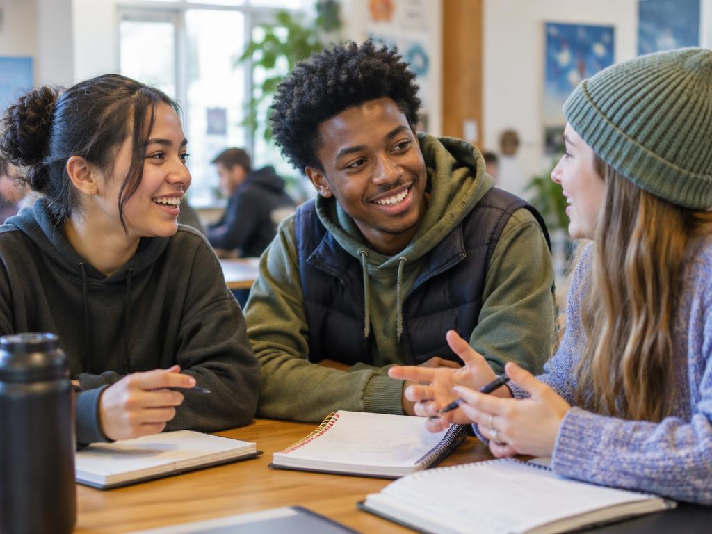 Young adults sharing ideas around a workshop table, representative photo