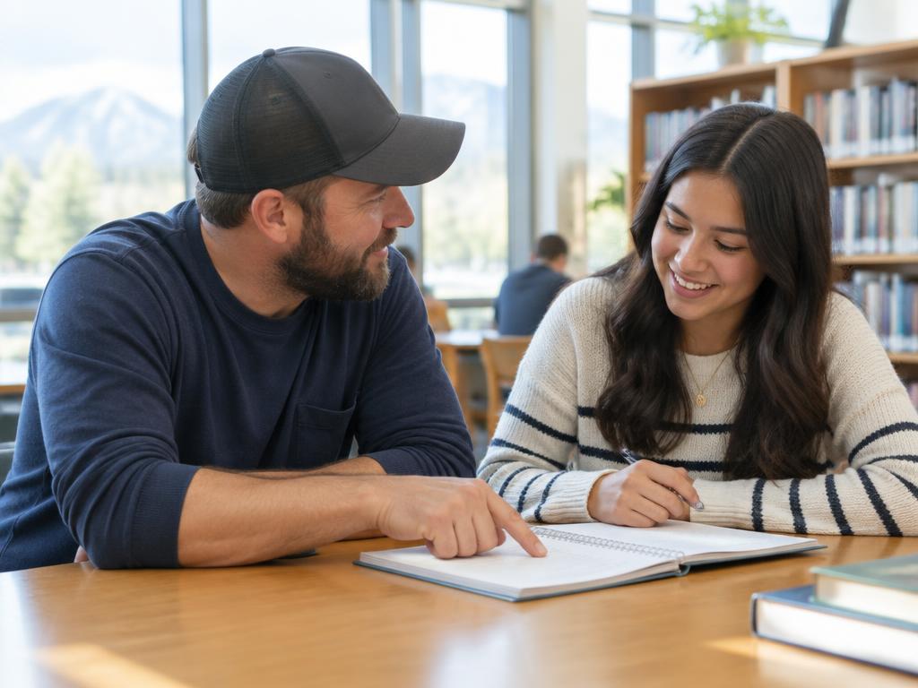 Mentor and young adult reviewing a notebook together, representative photo