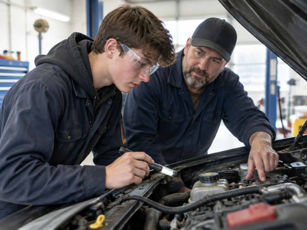 Young person learning to inspect a car engine with an experienced mechanic, representative photo