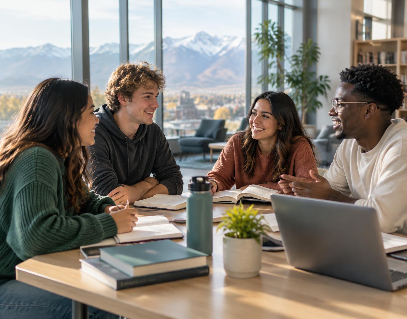 Illustrative scene of young adults learning and talking together in a shared space; not an existing HOPE center