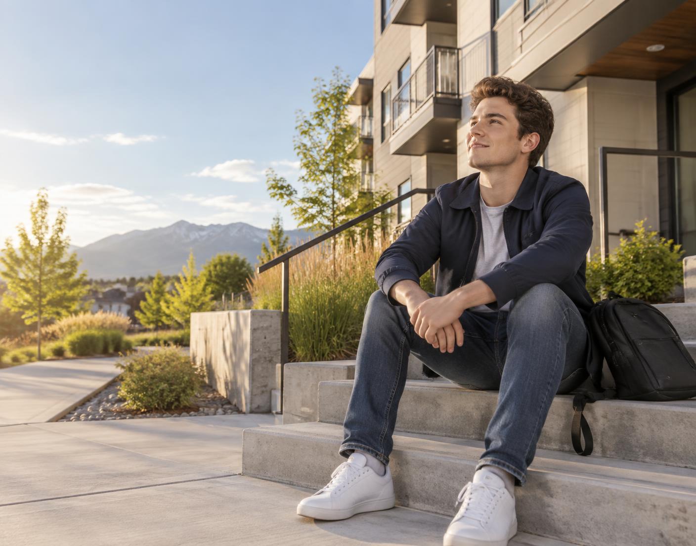 Illustrative scene of a young adult outside an apartment building; not an existing HOPE housing property