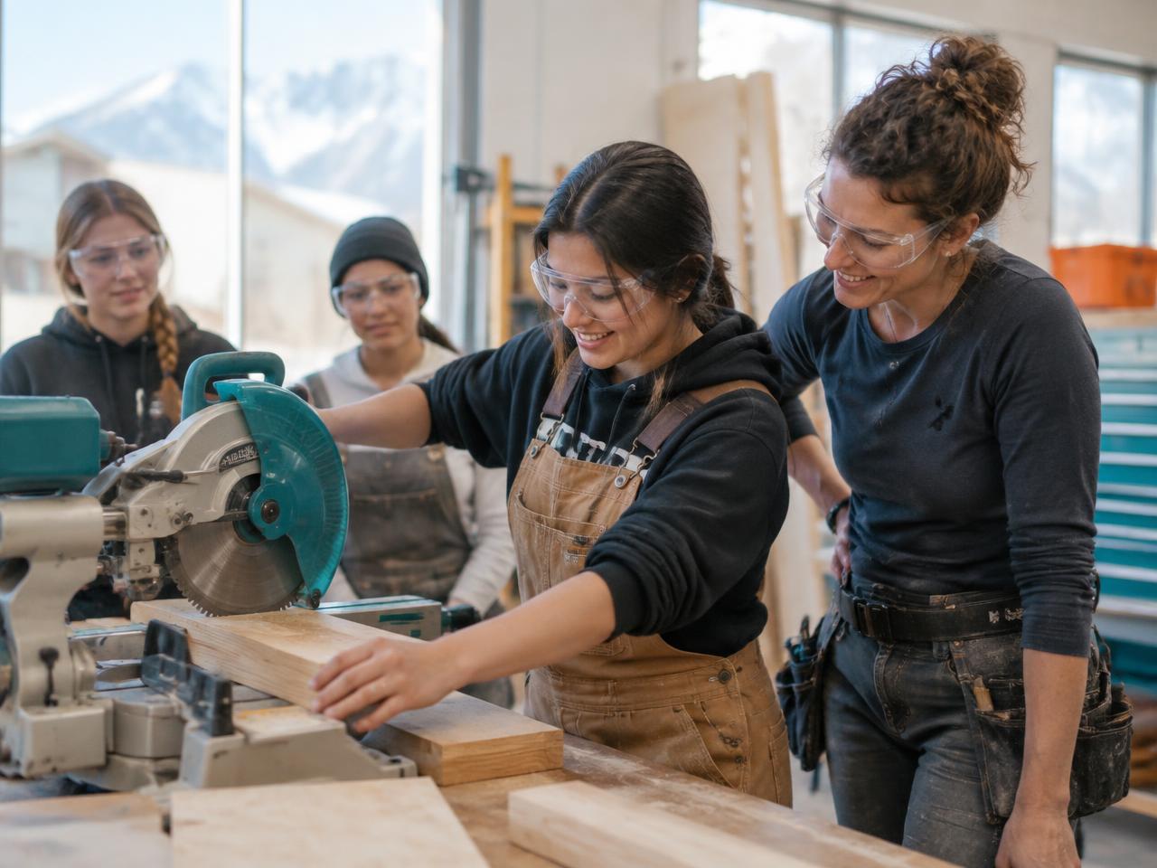 Young women building skills with a construction mentor