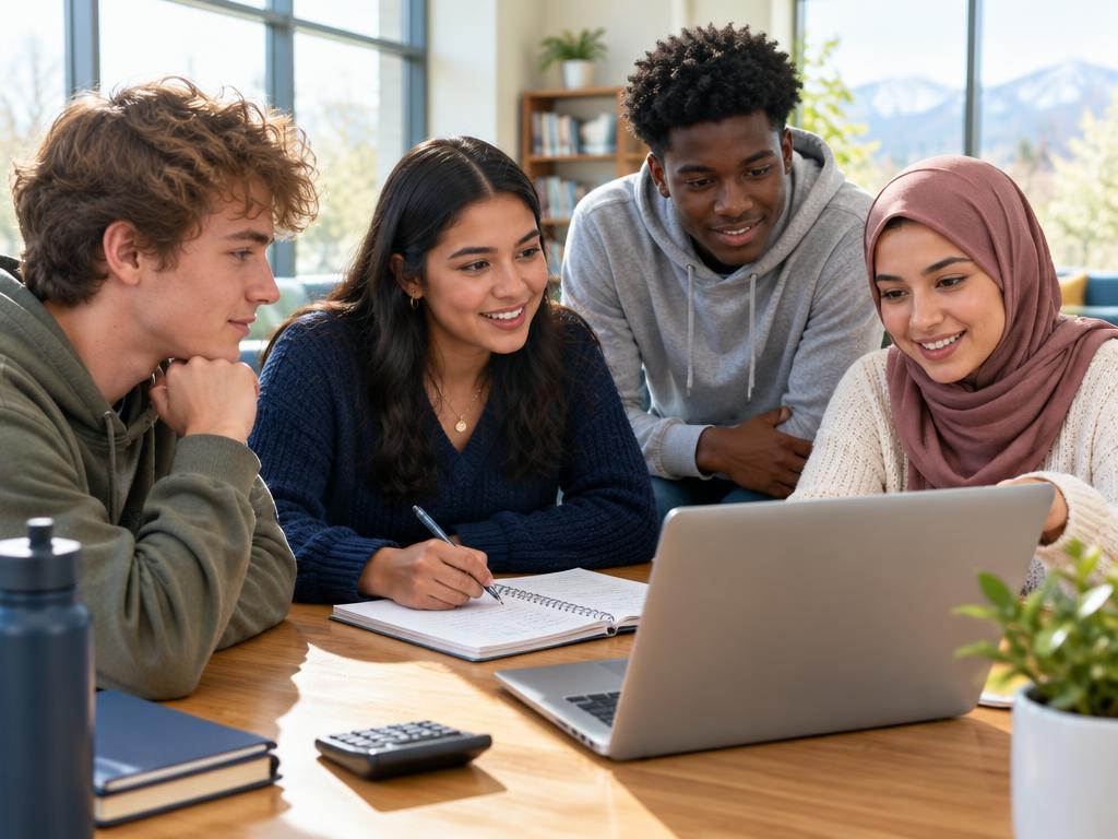 Representative scene of young adults reviewing a budget on a laptop together
