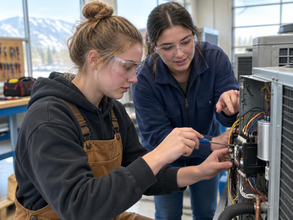 Representative scene of two young adults learning practical trade skills together