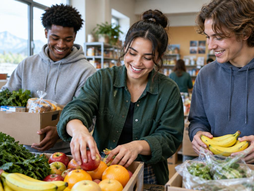 Representative scene of young adults sorting groceries and fresh fruit together